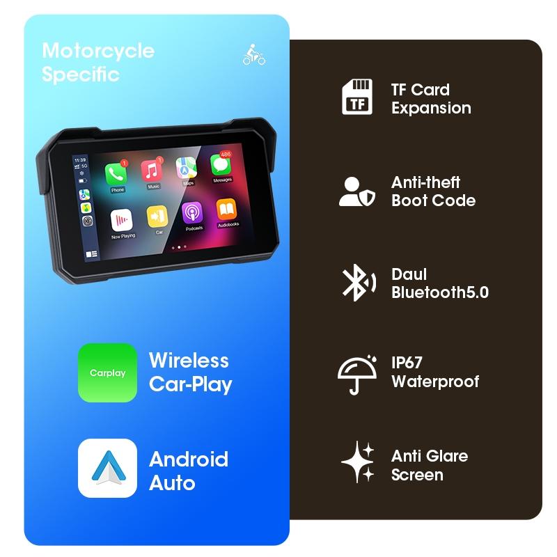 Motorcycle Screen for Wireless CarPlay/Android Auto/Mirror Link, 5 Inch IP67 Waterproof Touchscreen with Adjustable Mount, Auto-Dimming HD Display for Motorcycles, Motorcycle Accessories
