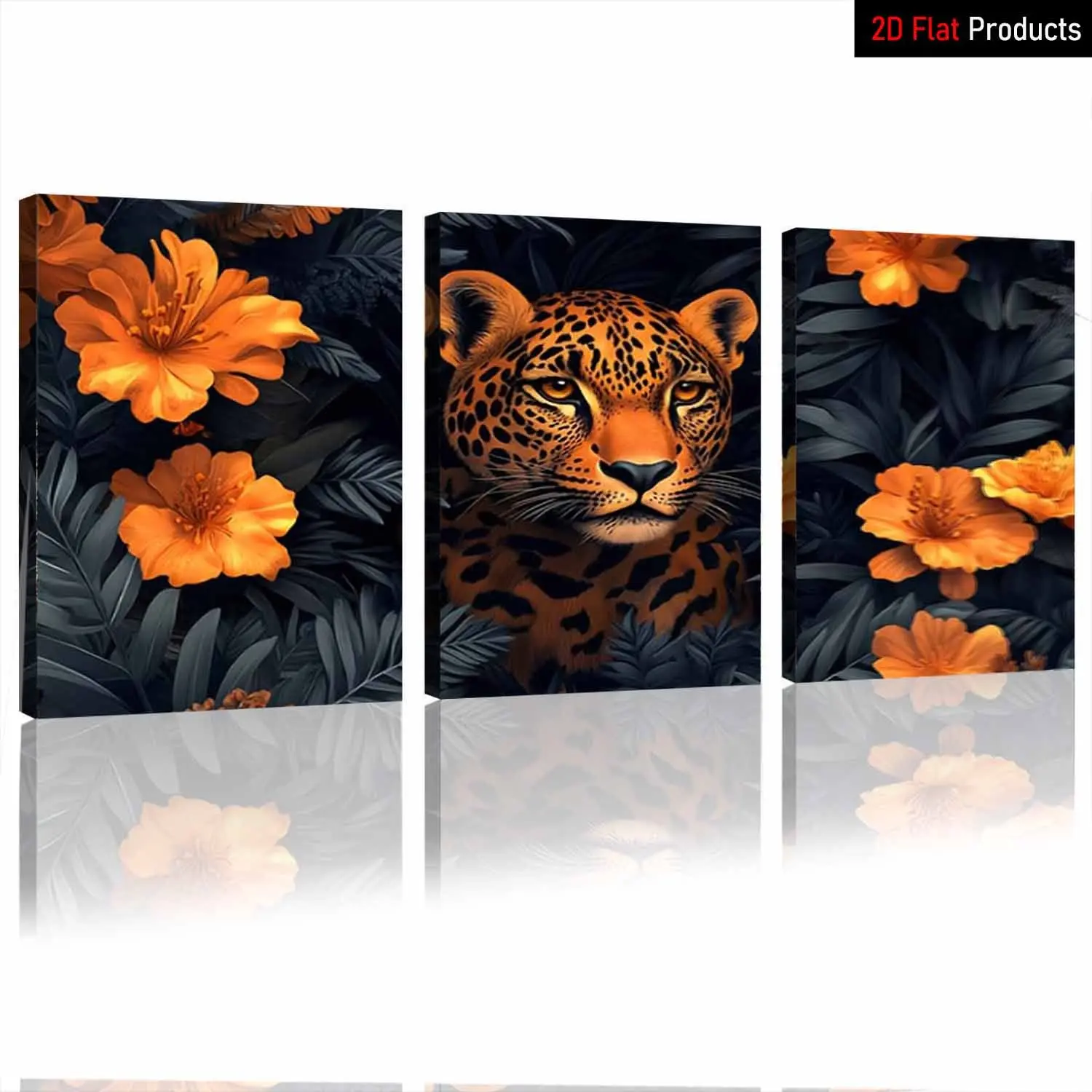 3-Piece Animal Print Canvas Wall Art Triptych Set, Fade Resistant Solid Wood Framed African Leopard & Jungle Wildlife Decor, Orange Marigold Flowers, Black & Gold Spots, Modern Rustic, Ready-To-Hang 3 Panels for Home Decor Supplies