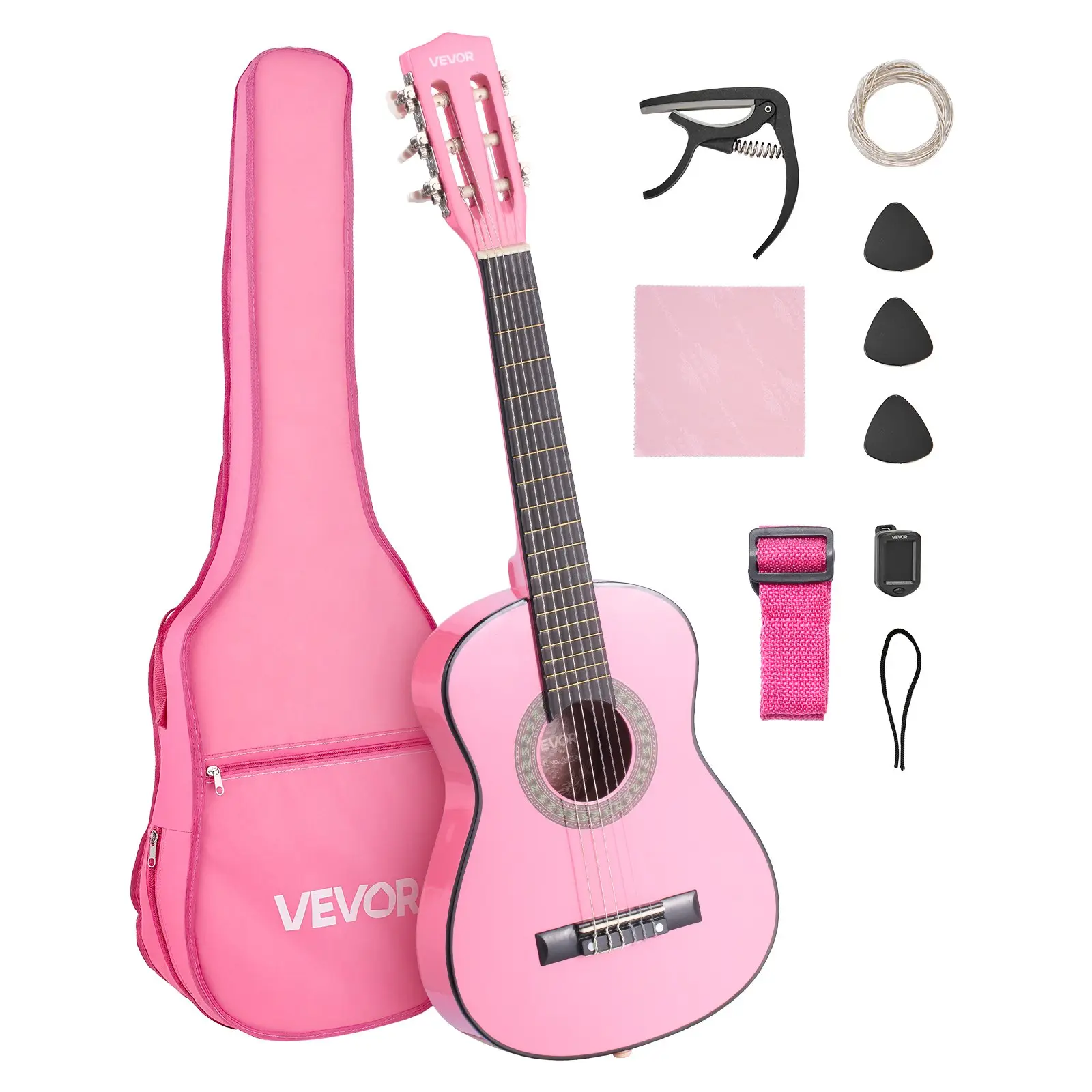 VEVOR 30 In/780 Mm Basswood Classical Guitar Starter Kit - Durable Wood Construction, Nylon Strings, Gig Bag, Strap, Tuner, Extra Strings, Picks, Capo, Effortless Tuning, Pink, All Seasons Learning Tool for Girl & Boy Beginners