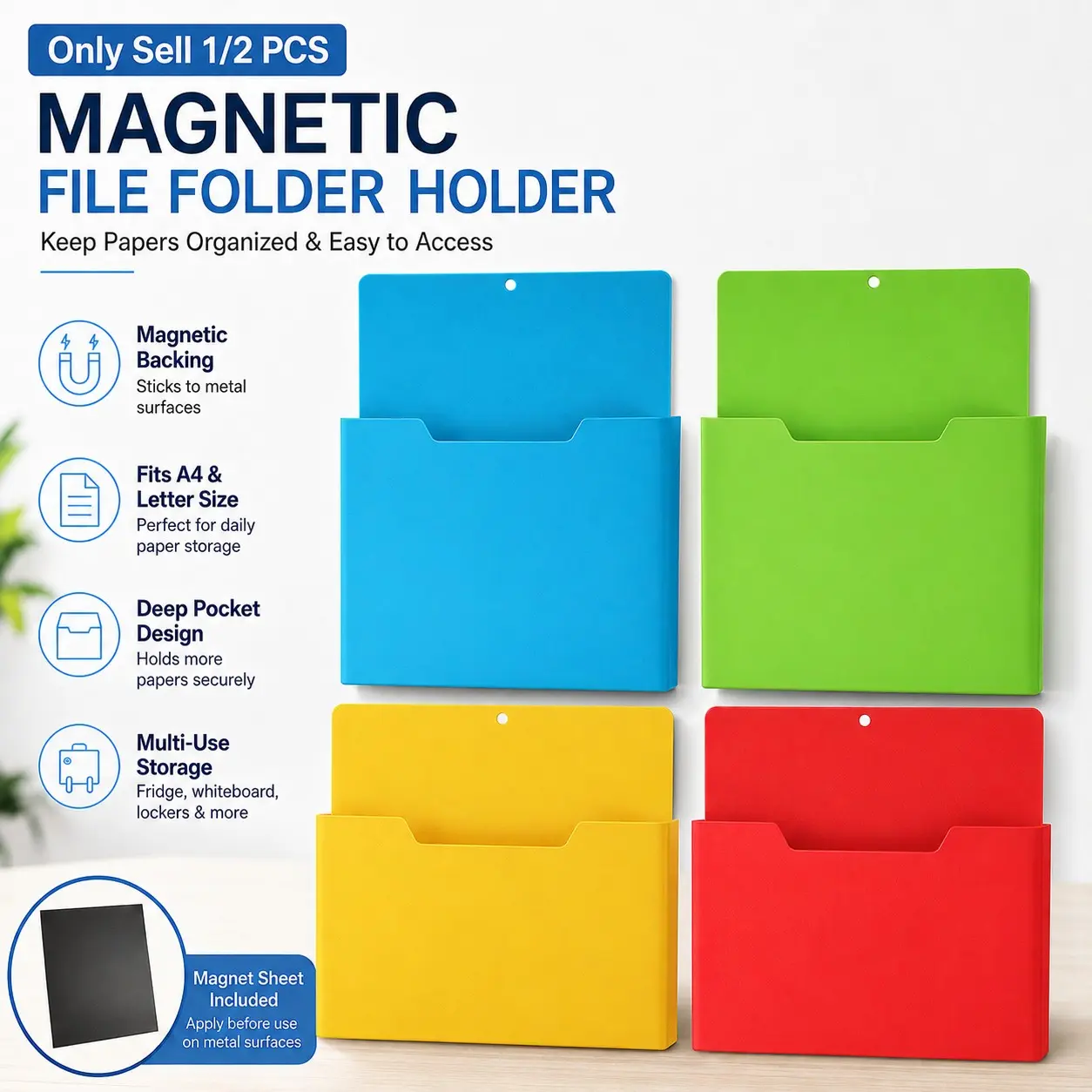 1/2 PCS Magnetic File Folder Holder, A4 Magnetic Refrigerator File Folders, Vertical Hanging Design with Deep Slot, Multi-Functional Storage for Refrigerator, Blackboard, Wall, Lockers and Metal Cabinets, Gift Idea