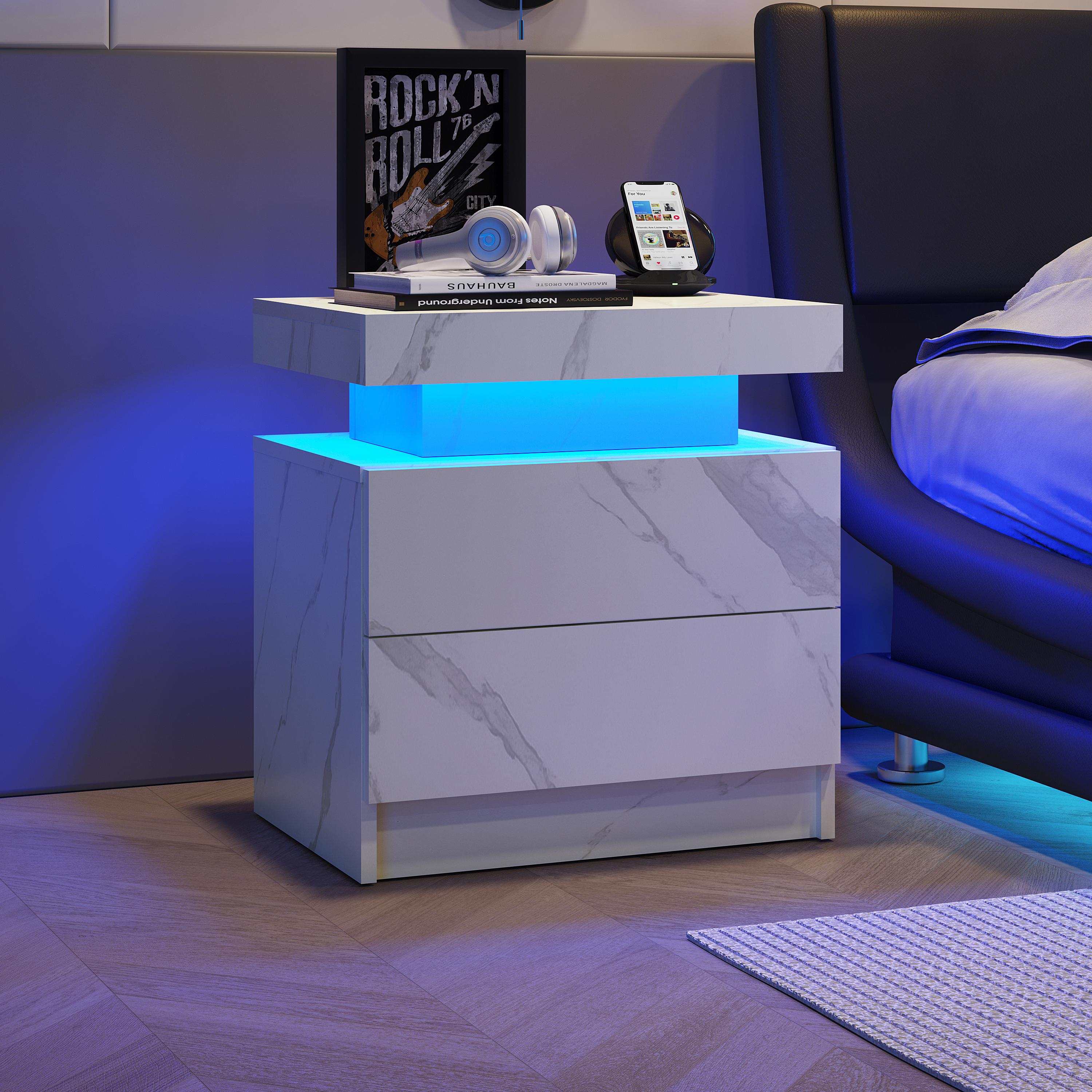 Bedroom Nightstand with 2 Drawers and 16-Color Adjustable RGB LED Lights, Modern Bedside Table Storage
