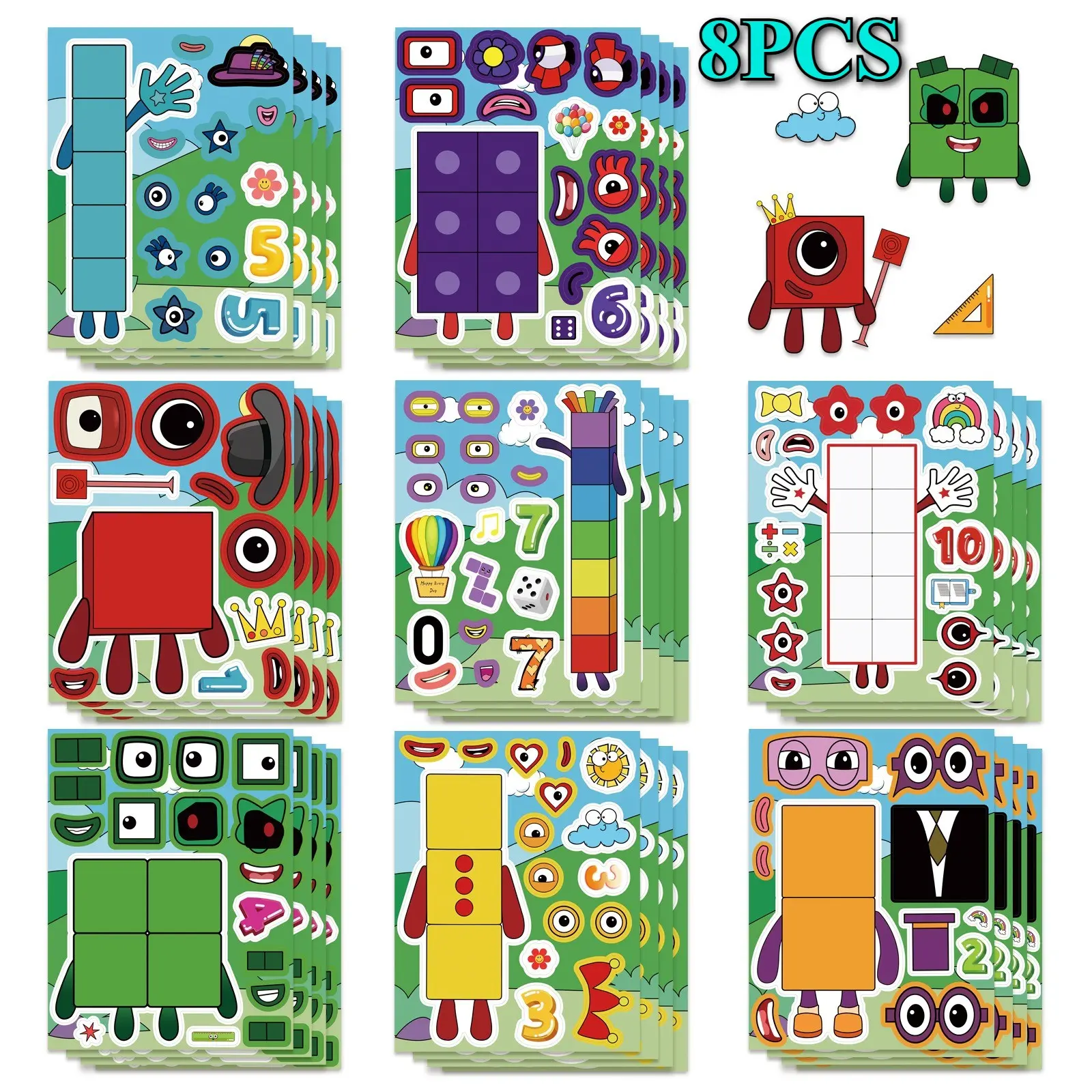 8Pcs Number Block Face Swap Stickers - Cute Funny Abstract Puzzle DIY Craft, Sticker Sheets, Funny Stickers Pack, Decals, Scrapbooking Ephemera for Scrapbook, Journal, Journaling Stickers, Laptop, Water Bottle, Gift