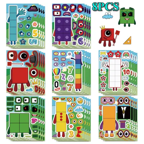 8Pcs Number Block Face Swap Stickers - Cute Funny Abstract Puzzle DIY Craft, Sticker Sheets, Decals, Scrapbooking Ephemera, Scrapbook Accessories for Scrapbook, Journal, Journaling Stickers, Laptop, Water Bottle, Gift