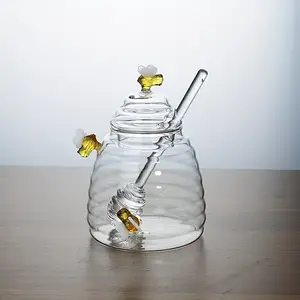 1Set Glass Honeycomb Tank Honey Storage Container with Dipper And Lid Honey Bottle for Home Wedding Party Kitchen Tools