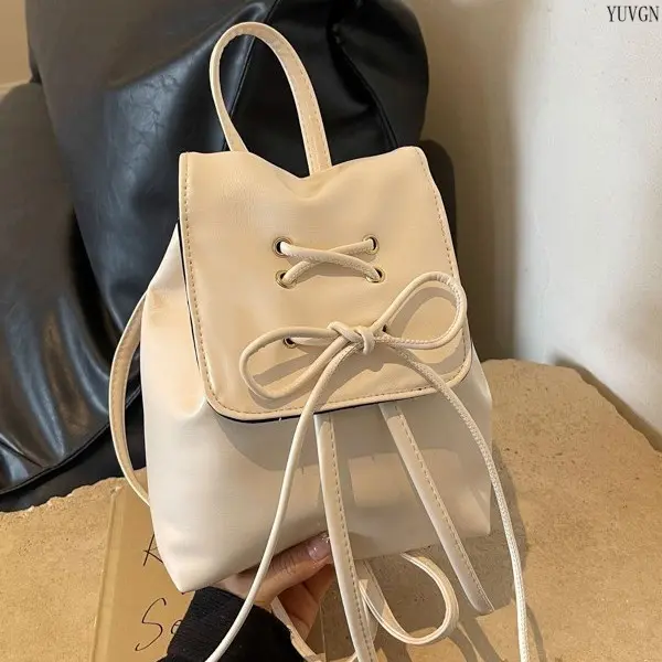 Casual Lace Up Mini Backpack, Convertible Flap Bucket Daypack with Drawstring and Bow for Daily Wear, Convertible Strap, Bucket Shape, Flap Closure, Drawstring Bow, Fashion Accessory, Daily Use Bags, Bow Drawstring tiktokshopbacktoschool