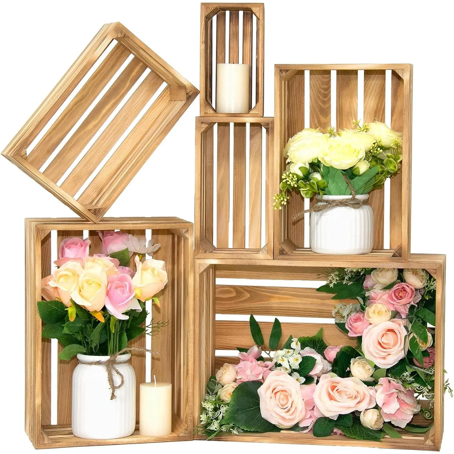 6 Pcs Wooden Crates for Display, Nesting Wood Crate for Storage, 6 Size |   Farmhouse Weddings Wooden Basket for Storage Container and Decorations, Rustic Wood Crates for Farmers Market, Birthday, DIY