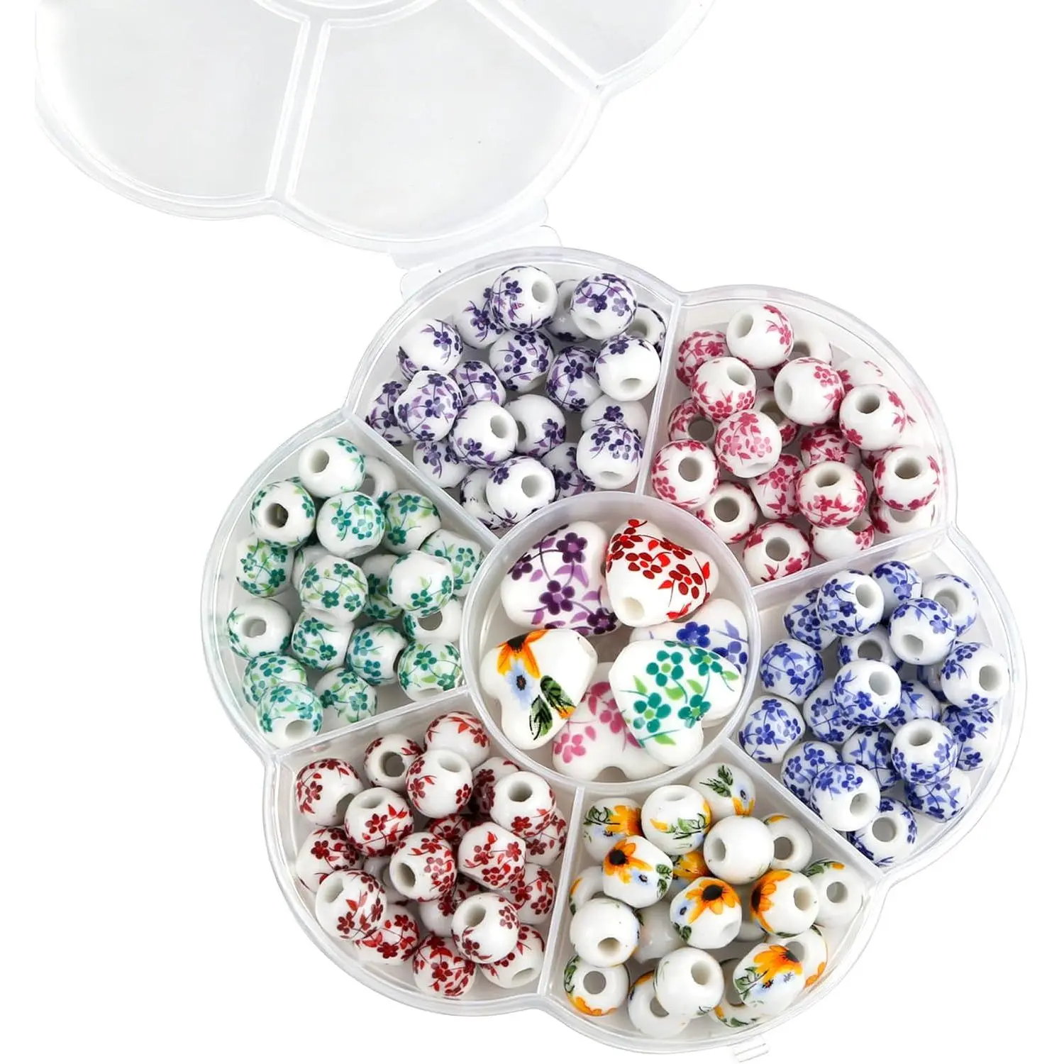 Ceramic Beads, Heart Beads, Round Porcelain Beads 8 mm Multicolor Flower Printed Spacer Beads  Porcelain Craft Beading Kit for  Making Supplies DIY Crafts Bracelets Necklace (1)