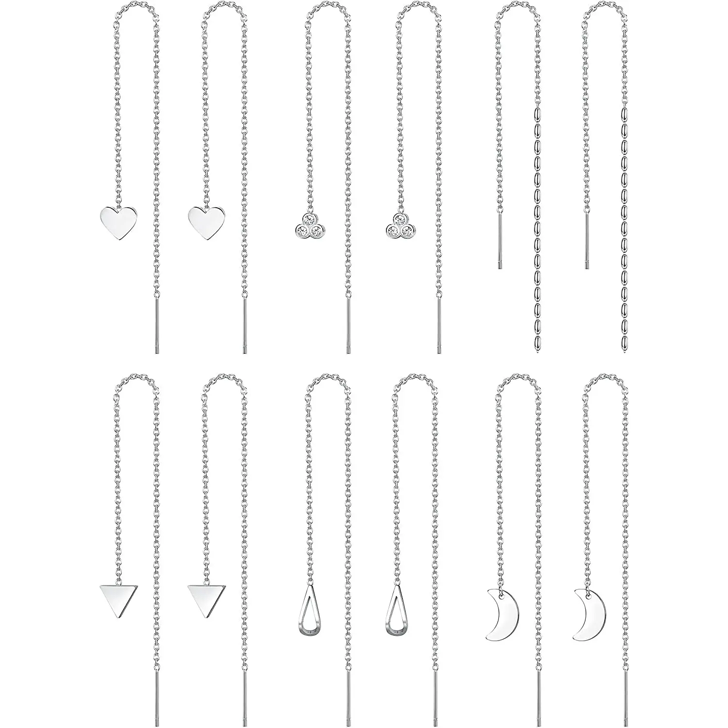 Women's 6-Pair Stainless Steel Threader Earrings Set - Lightweight, Solid and Durable, 3 Times Polished Tiny Dangles with Multiple Styles (Heart, Triangle Long Chain, Fish Shapes, Zircon, Studs) for Casual Everyday Use, Anniversary
