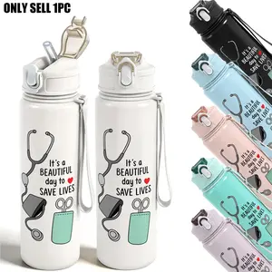1PC 25oz Doctor and Nurse Life Water Bottle, "It's a Beautiful Day to Save Lives" Print, Leak-Proof Flip Straw Lid, Reusable Healthcare Cup, Perfect Gift for Nurses, Doctors & Medical Workers, Leakproof Straw Cup