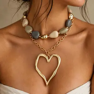 Y2K Viral Large Liquid Gold Heart Necklace Charcoal Gray Beaded Main Character Energy Baddie Aesthetic Statement Jewelry
