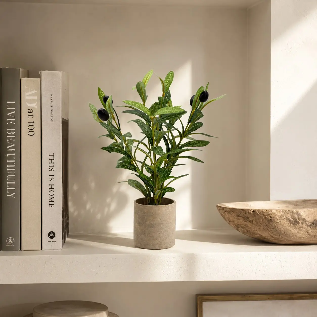Artificial Olive Tree Miniature Olive Leaf Fruit Potted Plant Paper Mache Desktop Decor, Minimalist Modern Home Decoration for Living Room Office Bedroom