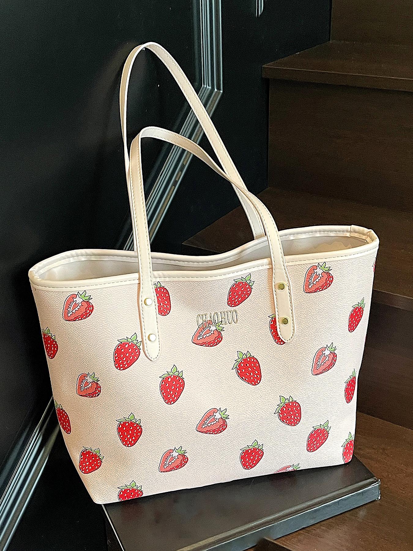Niche cherry fruit pattern printed tote bag, Lightweight tote bag, one-shoulder underarm bag, casual handbag, Casual commuter bag, Casual trendy purses, versatile for daily commuting, multiple colors available, suitable for college students