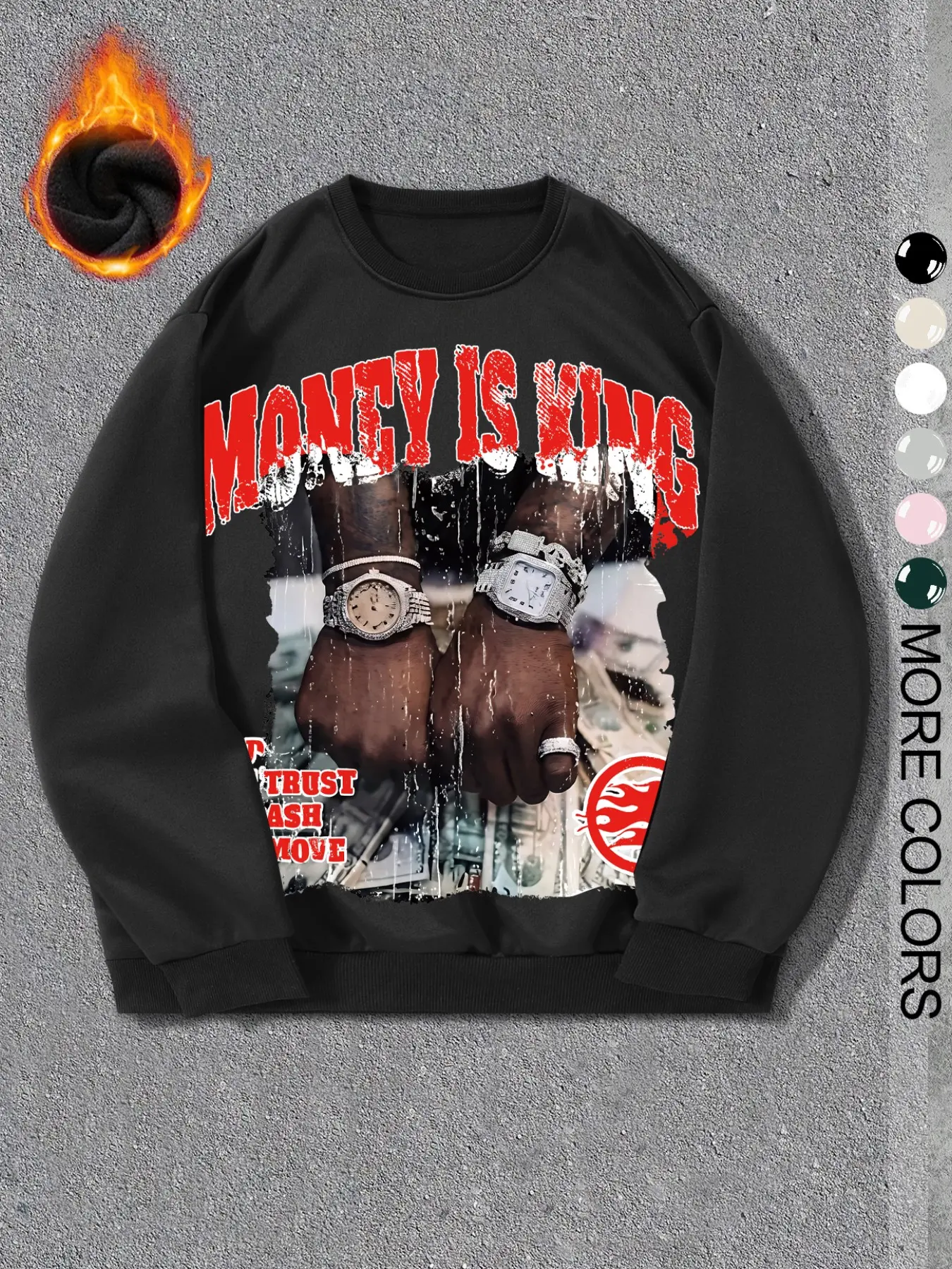 "MONEY IS KING" Oversized Long Sleeve Graphic Crewneck Sweatshirt for Men & Women – Y2K Hip Hop Streetwear Fleece Lined Warm Pullover Jumper