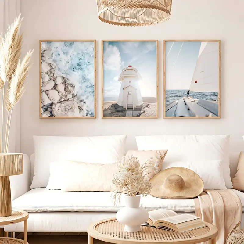 2D Flat, 3pcs Coastal Ocean Canvas Wall Art, Beach Lighthouse Sailboat Prints, Nautical Blue Sea Wave Decor for Living Room Bedroom, Modern Art Design Boho Coastal Home Decoration, Frameless