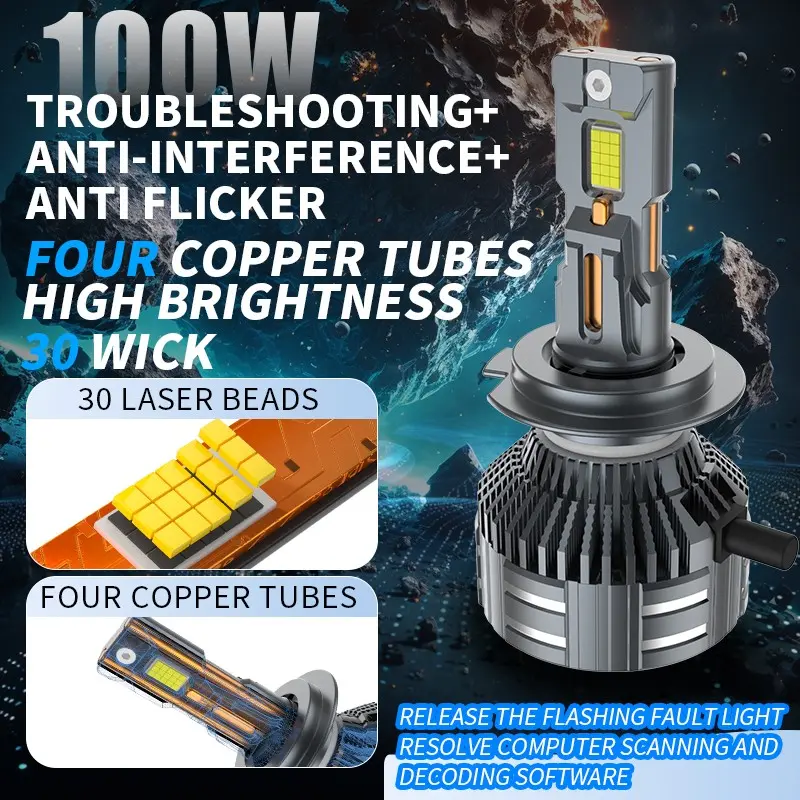 Ultra Far Lighting LED Headlight Bulbs 100W High Lumen Headlight 30 Matrix Chips, Four Copper Tubes Turbo Fan Fast Cooling Anti-Interference Canbus Waterproof Auto Head Lights