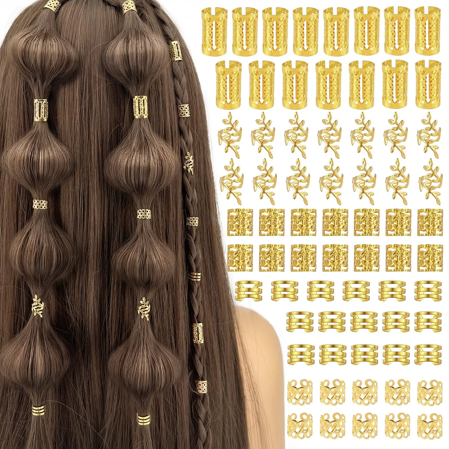 50 count Adjustable Metal Hair Cuffs and Rings for Braids, Bohemian Princess-inspired  Hair  Set for Women, Festival Party Dreadlock Decorations