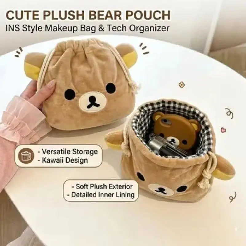 Cute Cartoon Bear Drawstring Bag Large Capacity Cosmetic Pouch Portable Storage Case for USB Cable Jewelry Makeup Brushes