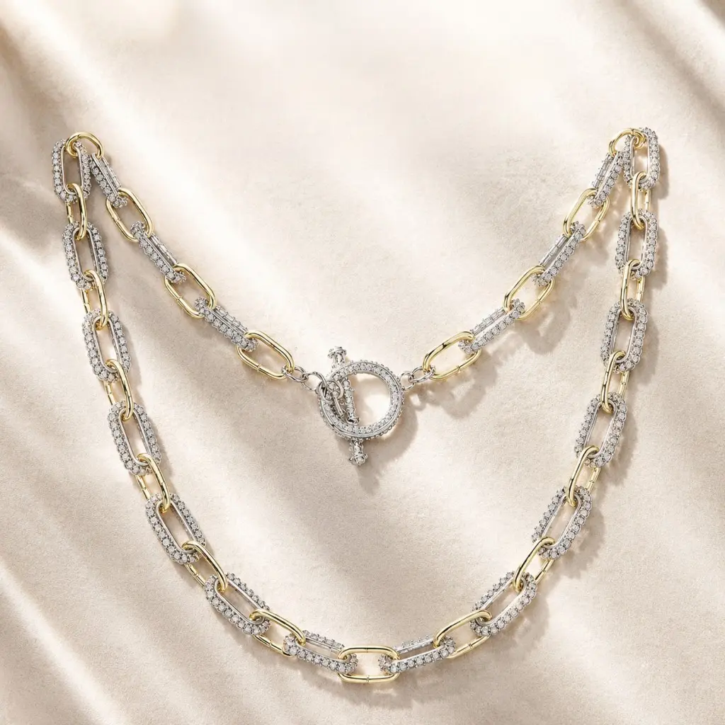 Women's 2-Tone Gold-Silver Bamboo Link Toggle Necklace - Cubic Zirconia Paved Paperclip Chain, Hypoallergenic Zinc Alloy Layerable Choker, Bamboo Shape Geometric Pattern Jewelry for Females, Everyday Wear, Party Gifting