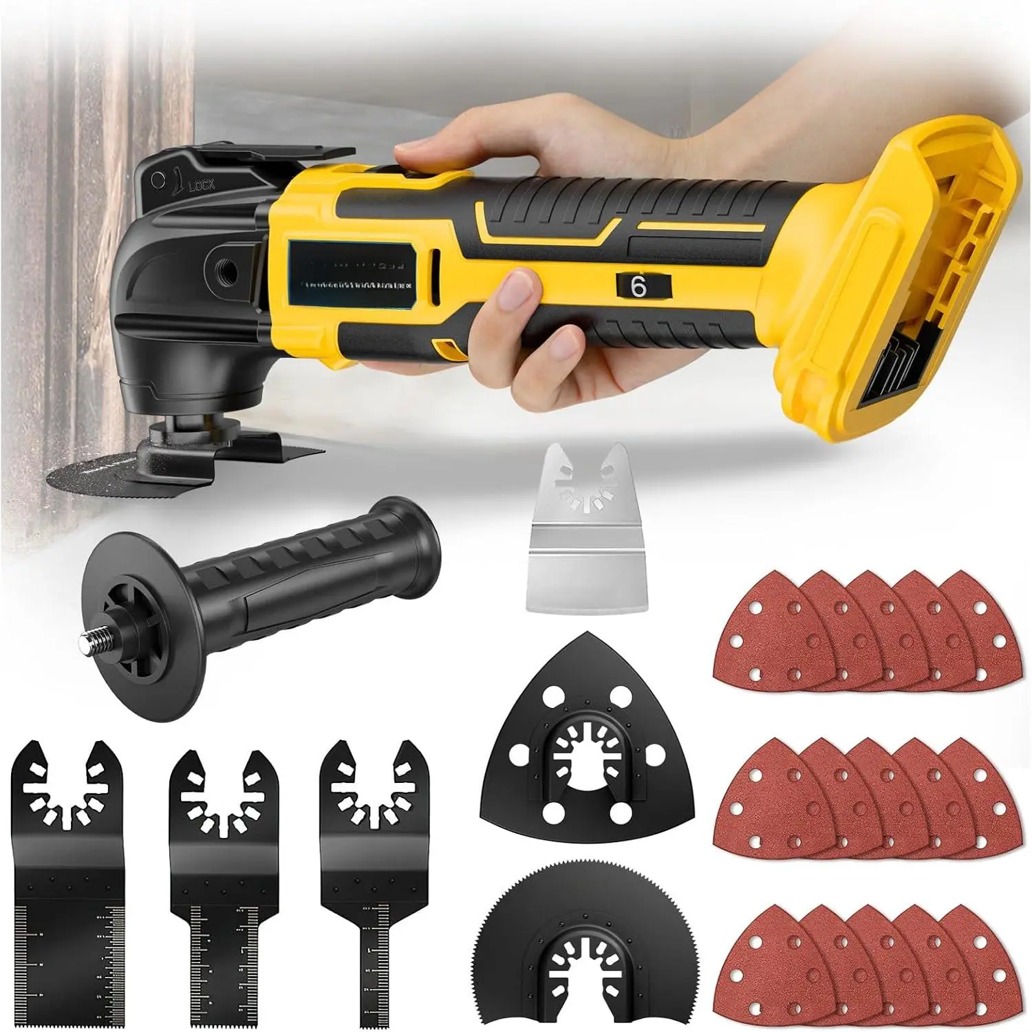 Cordless oscillating tool compatible with Dewalt 20V batteries, 6-speed brushless motor tool, 22-piece oscillating multi-tool kit, used for cutting wood, drywall, nails, removing caulking, and sanding (tools only)