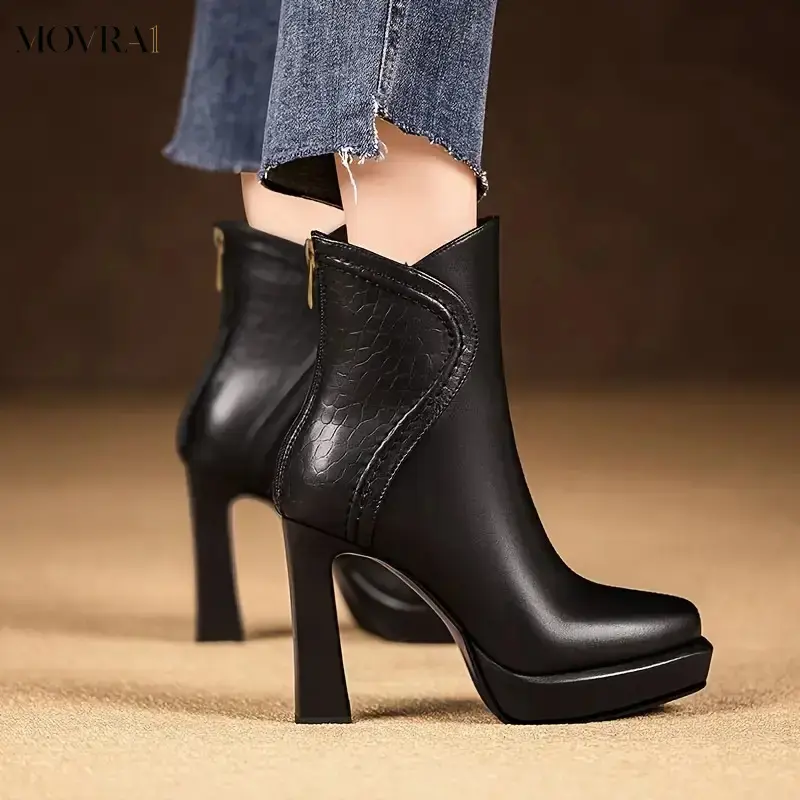 MOVRA1 Women's Ultra Heel Platform Ankle Boots - Thick Platform Heel (height), Round Toe Faux Cover Boots with Back Zipper Closure, Comfortable Rubber Sole & Cushioned Suitable Casual & Formal Wear (,, Everyday)