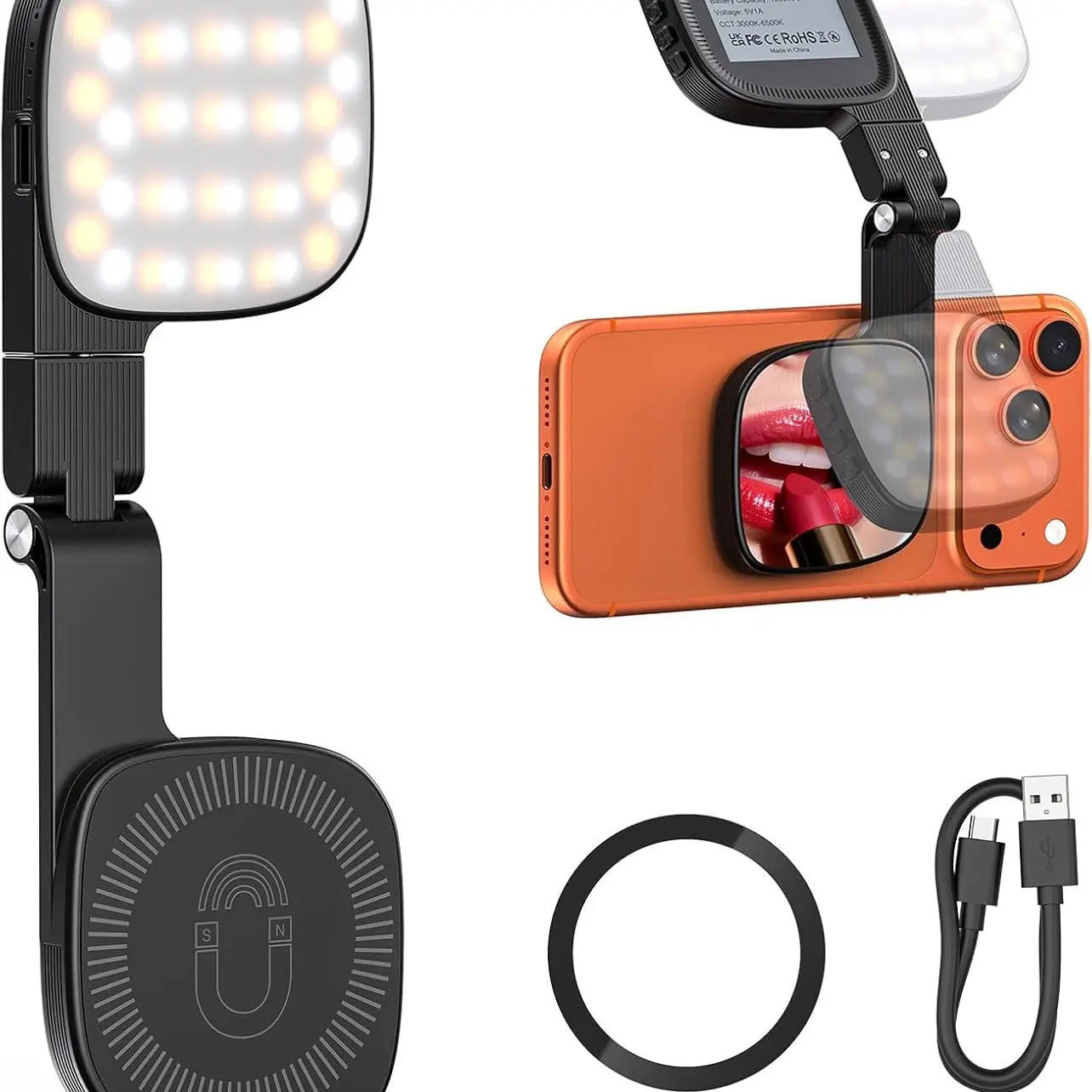 Magnetic Selfie Light with Mirror, 360° Adjustable, Portable Mini LED Phone Fill Light, Ideal for Selfies, Makeup, Video Conferences
