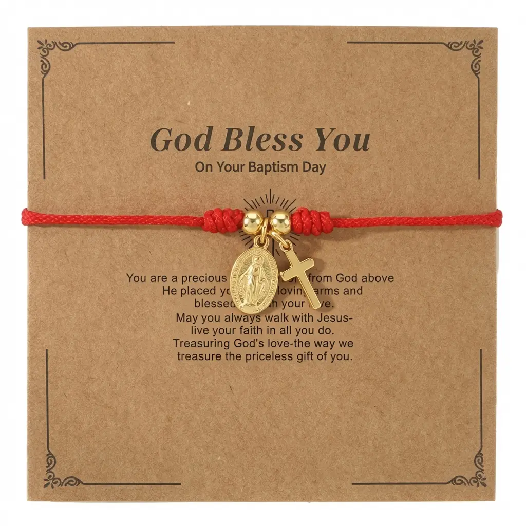 Red Braided Rope Bracelet with Gold Miraculous Medal & Round Cross, Adjustable Unisex Religious Charm for Daily Wear