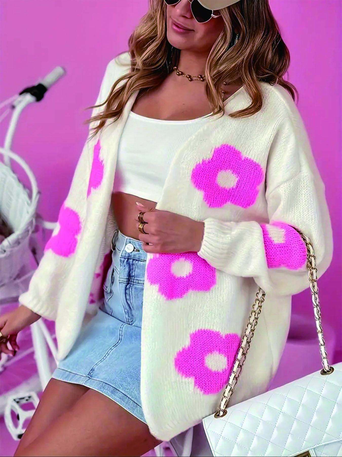 Plus Size Floral Print Drop Shoulder Cardigan, Casual Long Sleeve Open Front Knitwear for Fall & Winter, Women's Plus Clothing for Daily Wear