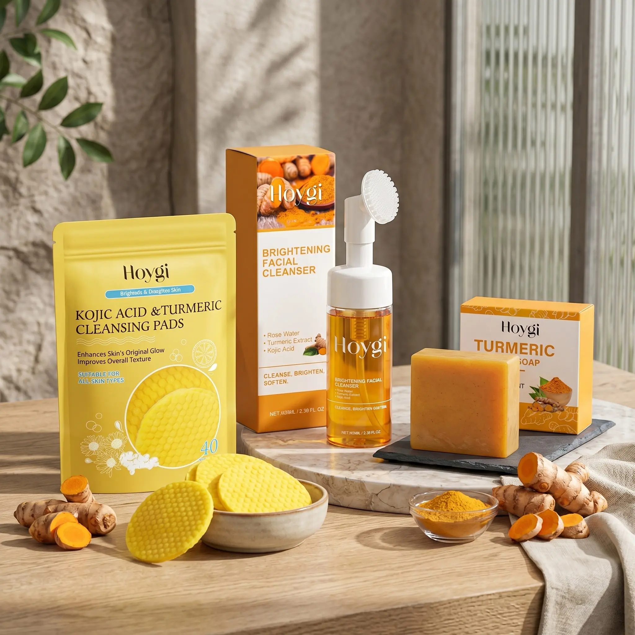 Turmeric Facial Cleansing Set, Face Wash Set, 3 Counts/set Including Turmeric Cleanser & Turmeric Kojic Acid Cleansing Pads & Turmeric Cleansing Soap, Gentle Lighten Facial Skin Care Product, Skincare