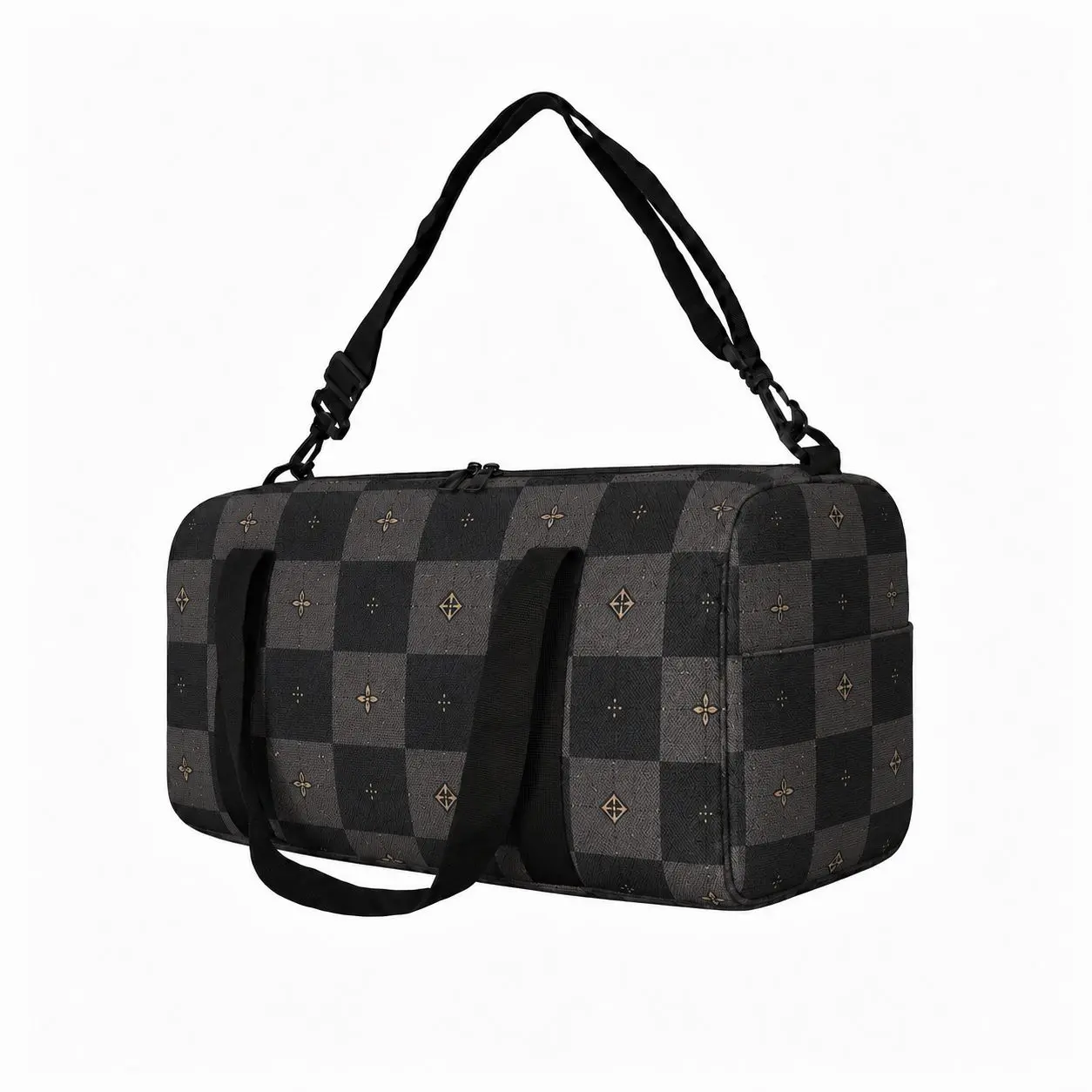 Black Checkerboard Weekender Bag for Men Women, Dual Carry Handles, Adjustable Shoulder Strap, Top Zipper Closure, Dual Pulls, Rounded Body, Side Pocket and Clean Stitching for Overnight Stays, Gym Sessions, Road Trips, Campus Use and City Commutes