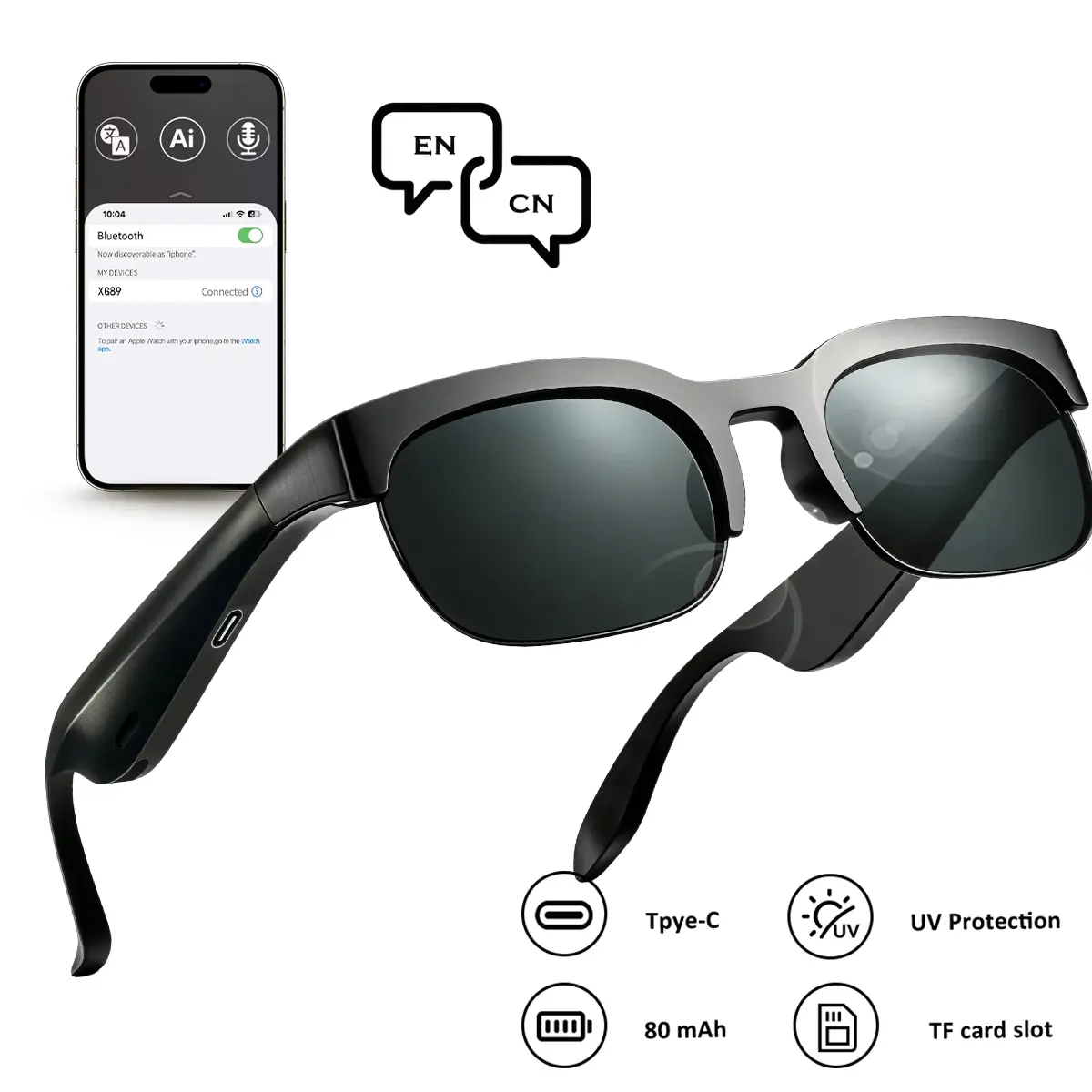 AI Smart Glasses with Voice Assistant, 130+ Languages Real Time Translation, Open-Ear Bluetooth Audio, UV Protection Sunglass for Travel, Meetings & Vlogging, Wireless Translation Glasses