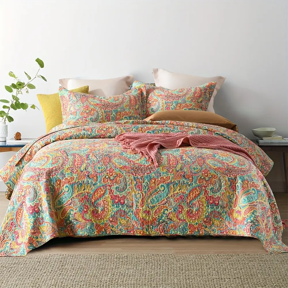100% Bedspread Summer Cooling Quilt Sets Bedding Coverlet Sets, Floral Paisley Pattern Comforter Sets Queen, King Size Bed Comforter Sets, 1 Quilt With 2 Pillow Shams