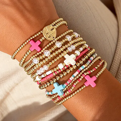 13-Piece Fashion Ccb Set with Imitation Pearls, Colorful Bead Bracelets, Cross Decor Multi-Layered Wristbands, Stackable Bangle Bracelets, Women's Accessories, Beaded Bracelet Set, Stacked Bracelets