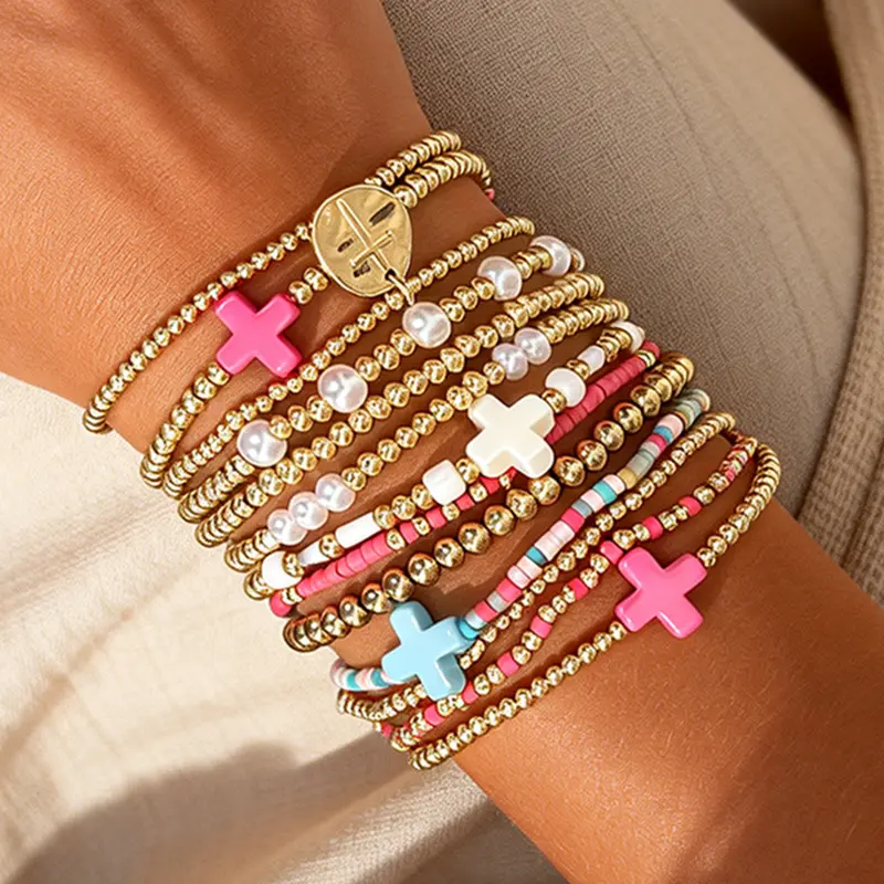 13-Piece Fashion Ccb Set with Imitation Pearls, Colorful Bead Bracelets, Cross Decor Multi-Layered Wristbands, Stackable Bangle Bracelets, Women's Accessories, Beaded Bracelet Set, Stacked Bracelets