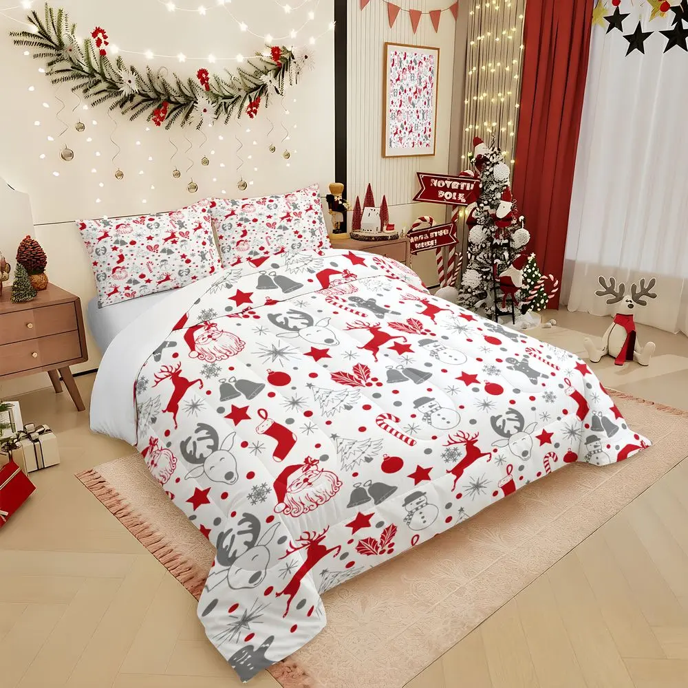 2/3Pcs Christmas Bedding Set Soft Microfiber Comforter Set Festive Reindeer Santa Print Quilt Set with Pillowcase Holiday Bedroom Decor Gift for Family Kids 3PC, No Pillow Core