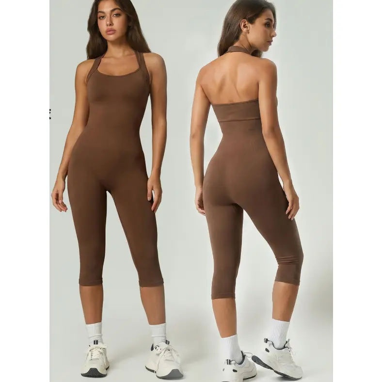 Women's Seamless One-Piece Yoga Jumpsuit, Spaghetti Strap Tight Bodysuit, Quick Dry Athletic Short Unitard for Outdoor Gym Running Fitness Workout