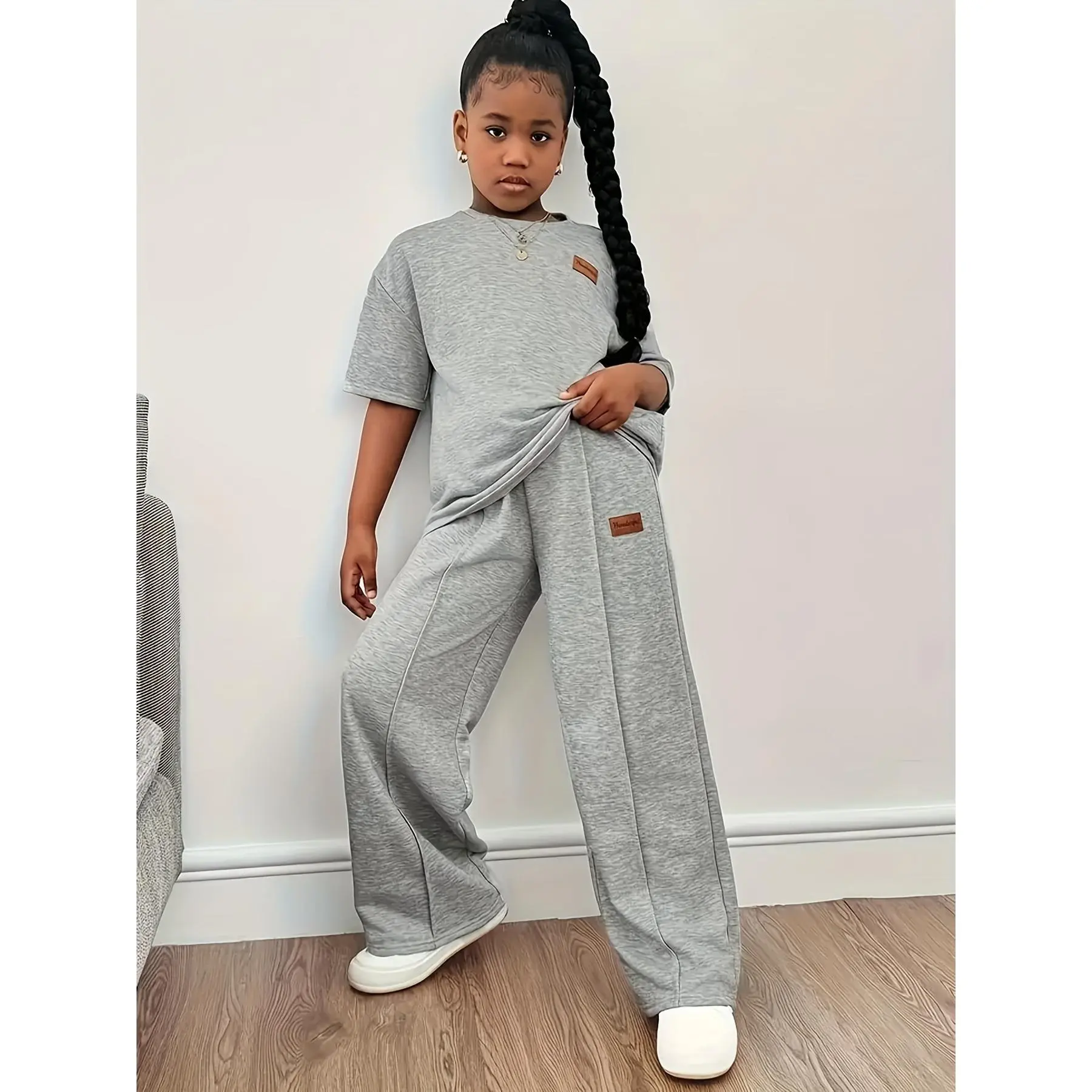 Girls' 2-Piece Summer Clothes Set - Gray Short-Sleeve Top, Long Pants, Safe Material, for Everyday Use