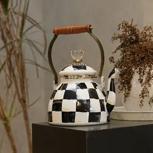 2.5L Classic Plaid Pattern Ceramic Teapot with Wooden Handle, Large Capacity Teapot, Tea Making Tool for Home Office Use