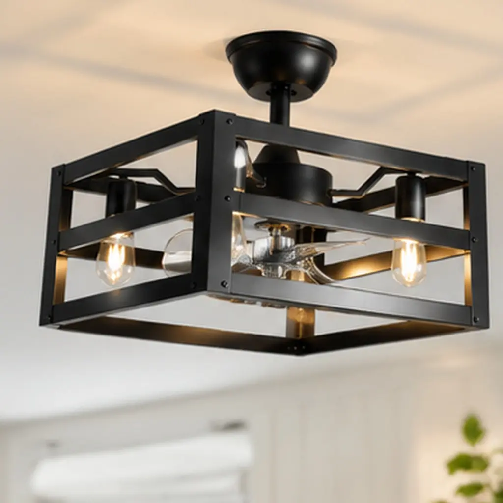 16-Inch Contemporary Black Square Metal Frame 4-Light Chandelier - Industrial Pendant Light Fixture with Adjustable Height Rod, Polycarbonate/Metal Material, 16.73" w x 16.73" d x 9.06" h, Ample Illumination for Living Room, Dining Room, Home Decor, Chand