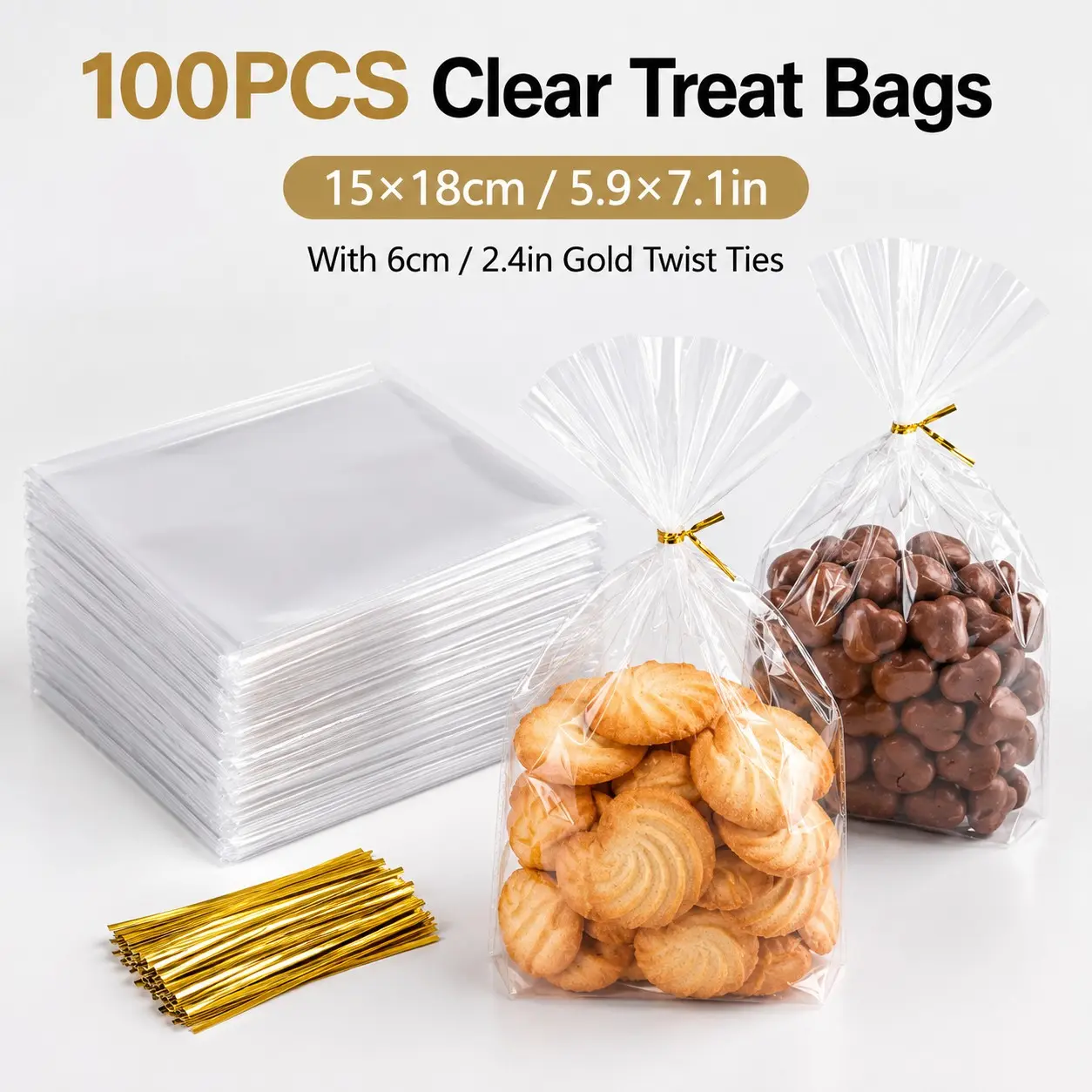 100Pcs Clear Treat Bags 15×18cm with Gold Twist Ties, Candy Cookie Plastic Gift Bags for Party Favors, Holiday Snacks & Bakery Packaging