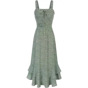 Women's 2026 Summer Floral Boho Dress Square Neck Strapped Swing A Line Sundress Beach Long Maxi Outfits