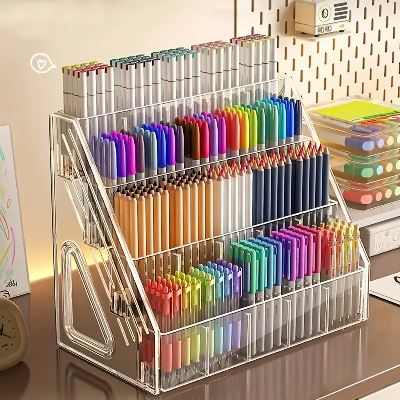 Large-capacity acrylic brush storage box with multi-compartment design, suitable for paintbrushes, pencils, markers - a durable desktop organizing box, applicable to homes, offices, schools, and craft rooms, Clear Acrylic Organizer
