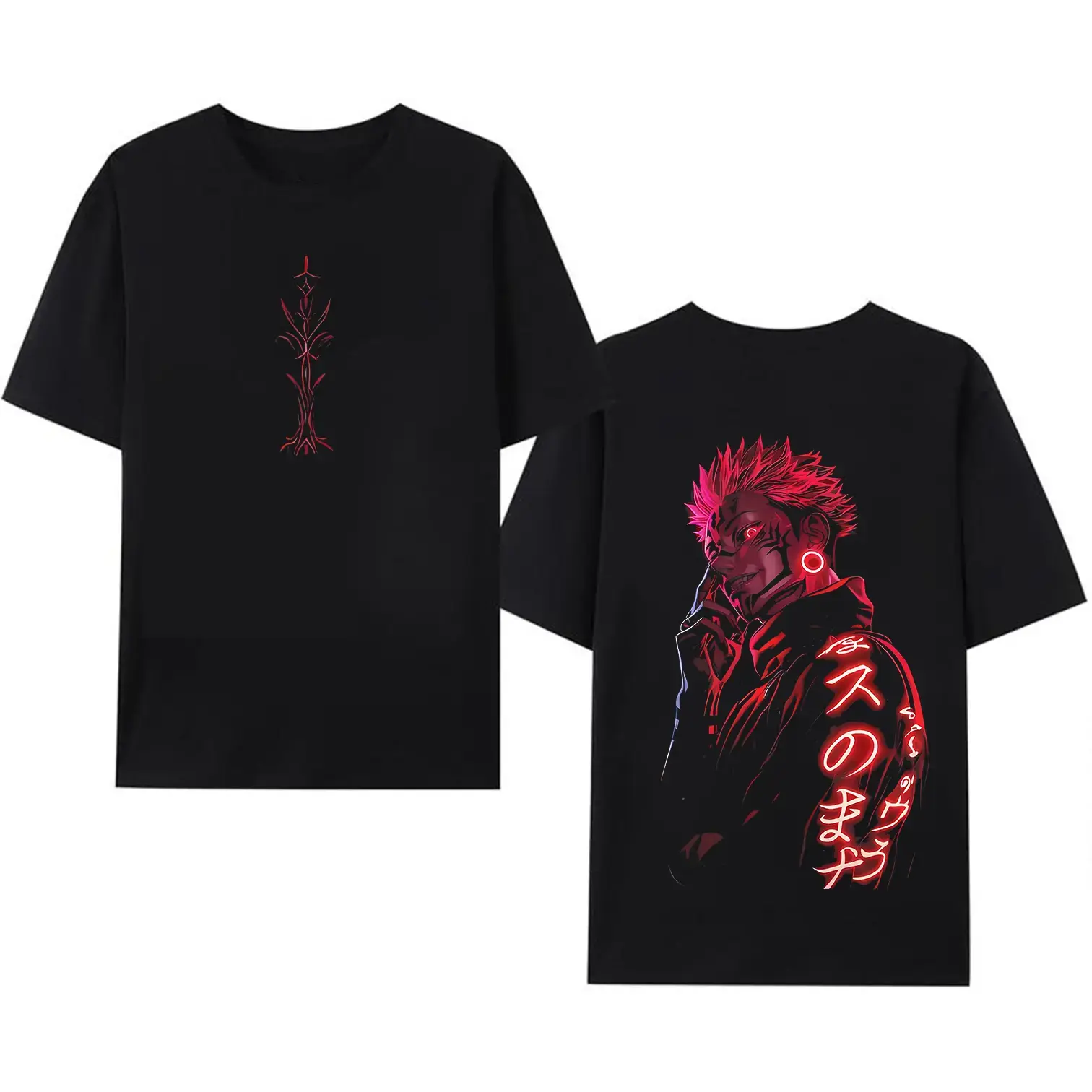 Men's Ryomen Sukuna Jujutsu Kaisen Oversized Washed Thick Heavy Cotton Neon Red Graphic Tshirt - Streetwear Menswear Top, Double-Sided Big Bold Prints, Anime Collector Essential