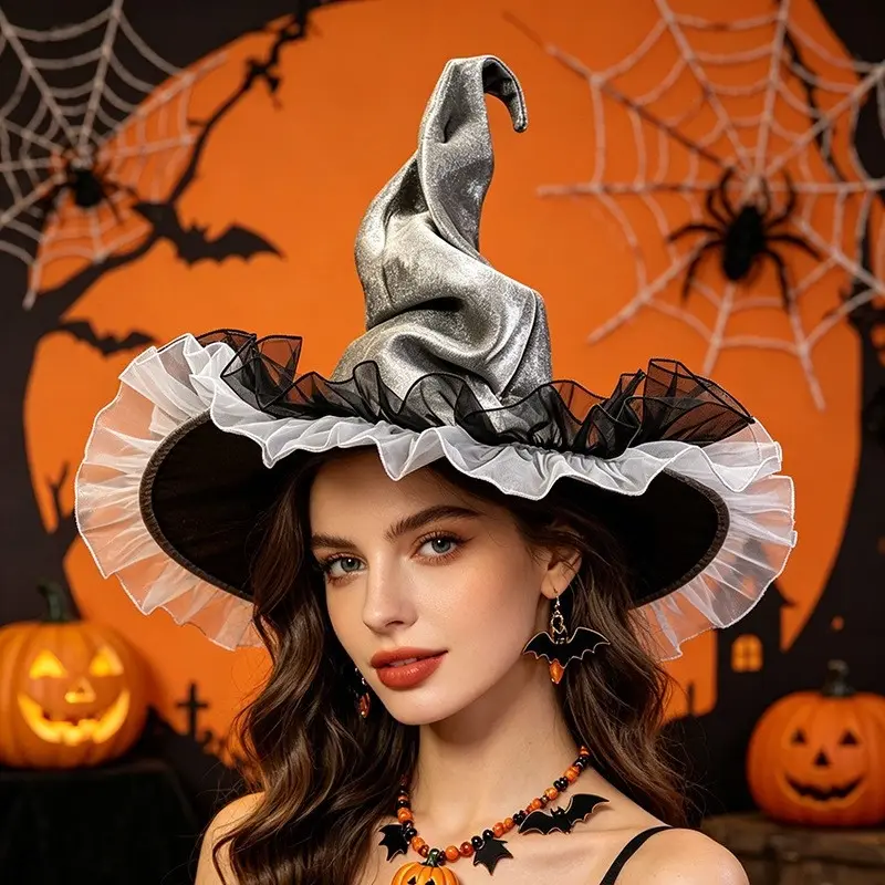 Halloween Party Hat Mystery Witch Hat Carnival Wizard Hat,Velvet Witch Hat Wide Brim Wizard Hat attached Veil and Lace Mesh Roses,Christmas Event & Party Supplies Halloween&Christmas for Christmas