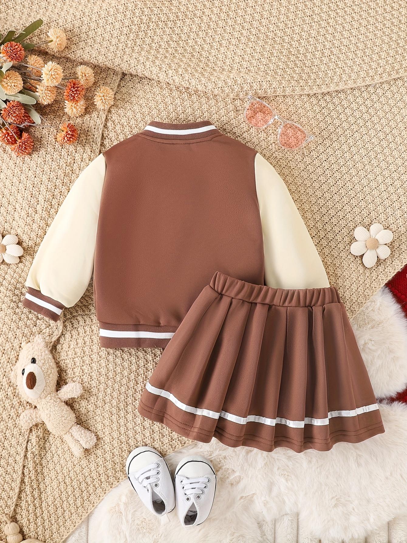 Kids Clothing Girls 2-Piece Preppy Look Set, Cotton Blend Baseball Jacket with Printed Letters + Pleated Skirt, Outdoor & Party Wear Gift