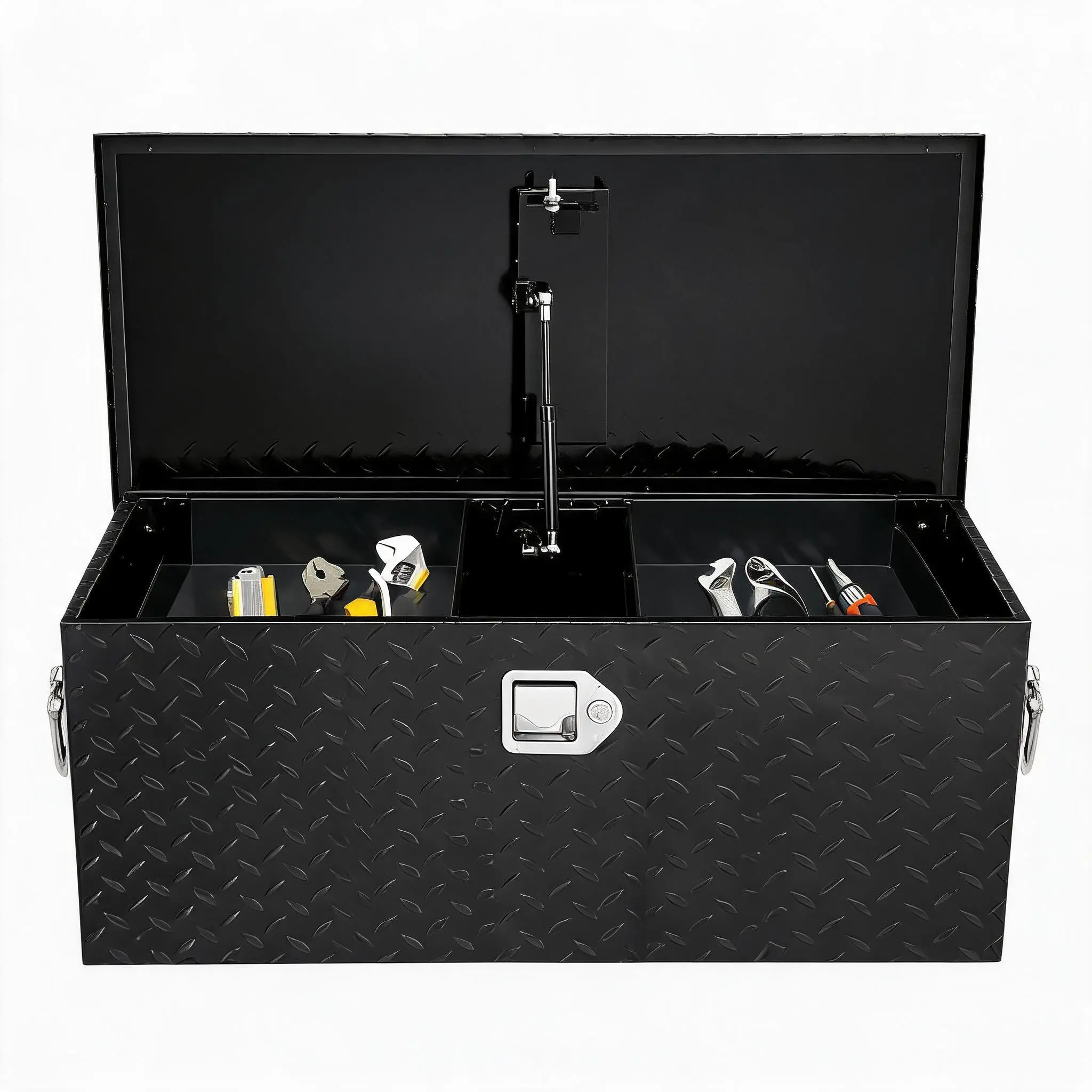 Truck Bed Tool Box Aluminum with Lock and Keys, Weatherproof Storage Chest Organizer, Side Handles, Gas Strut Lid, Large Capacity Heavy Duty Steel Metal Tool Box for Pickup, Trailer, RV