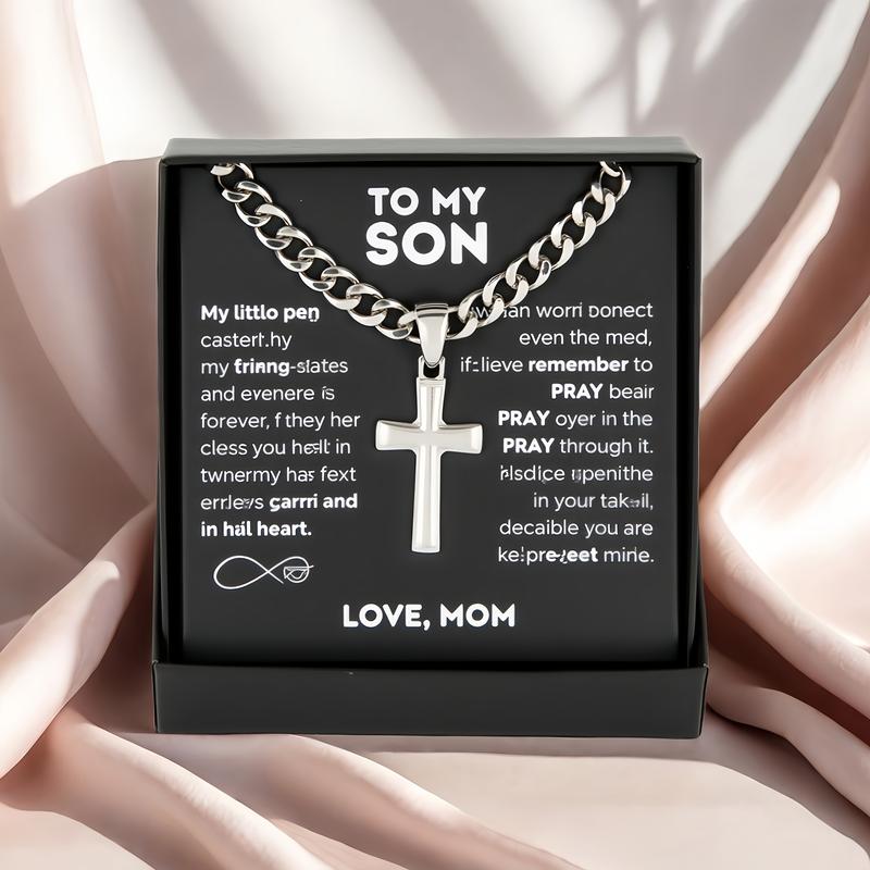 1pc "to My Son" Stainless Steel Cross Pendant Necklace, Birthday Gift, Valentine's Day Gift, Christmas Gift, with Card and Gift Box Packaging, the Perfect Gift for Loved Ones Personalized