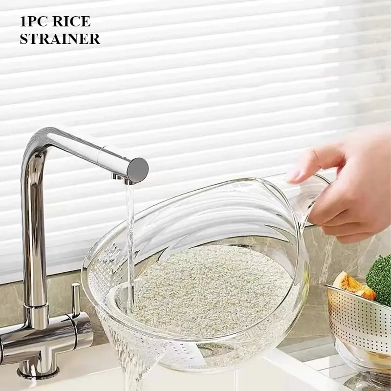 Multifunctional rice washing sieve with handle, vegetable and fruit drain basket, easy-to-use rice and vegetable washing basin for kitchen use.