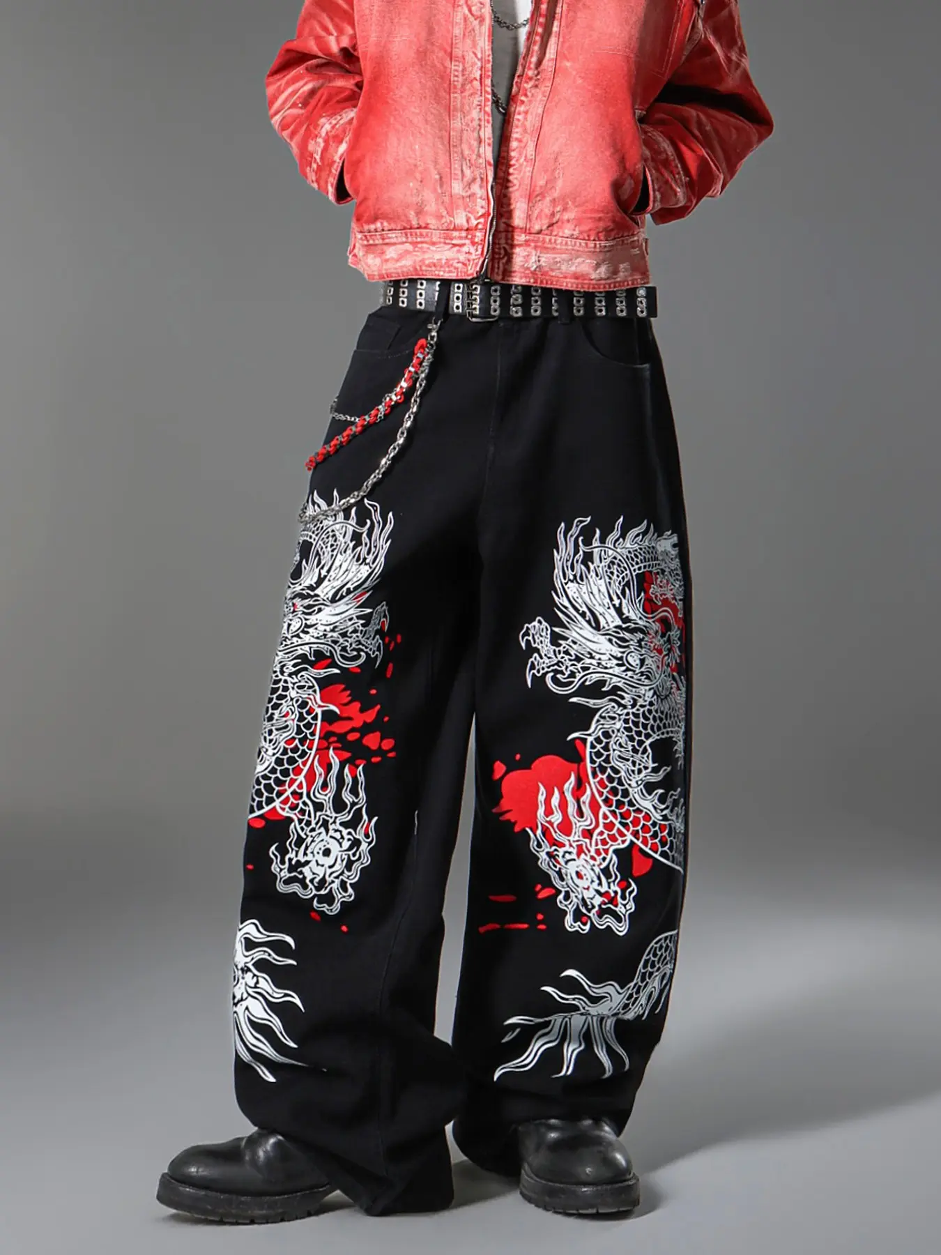 Men's Dragon Print Straight Leg Pants, Y2K Streetwear Fashion, Loose Fit All-Season Jeans, Halloween Gift Idea, Baggy Jeans