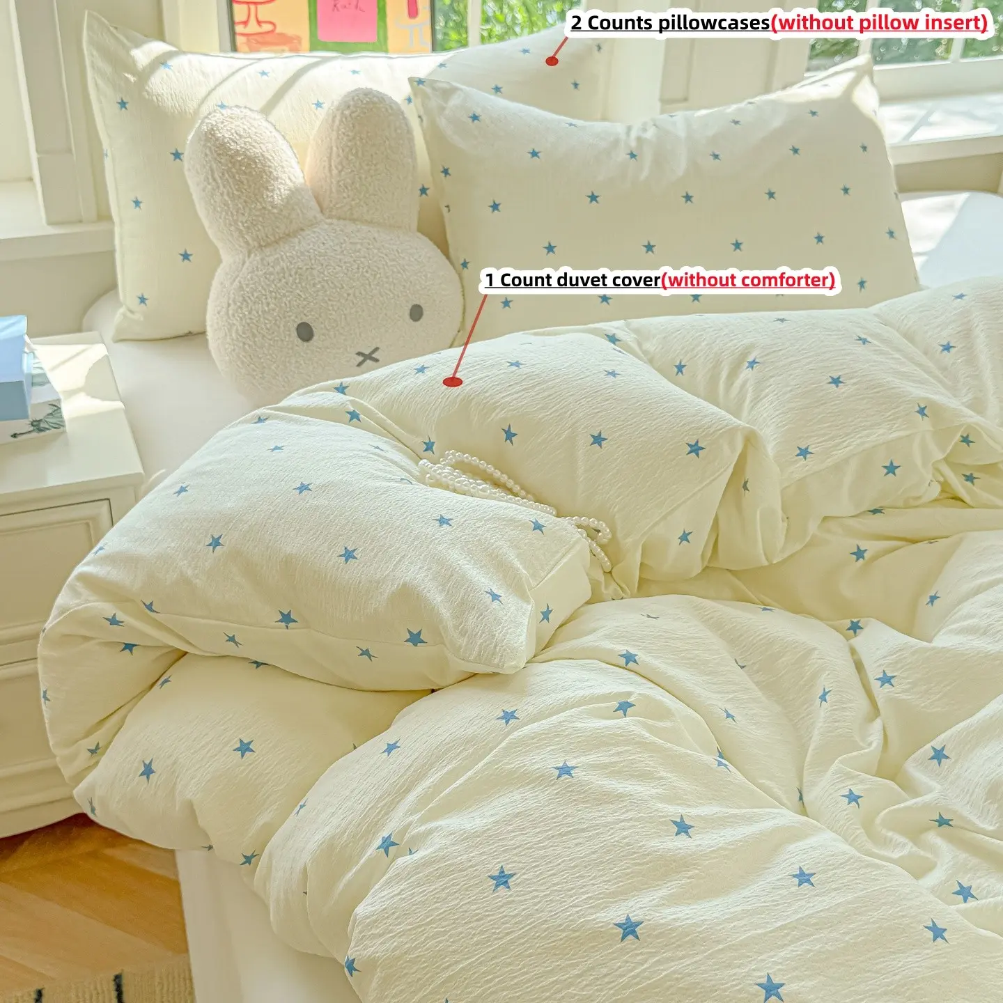 3pcs College Style Stars Bedding Set, Includes 1 Duvet Cover + 2 Pillowcases, without any filling ,100% Polyester, All Seasons