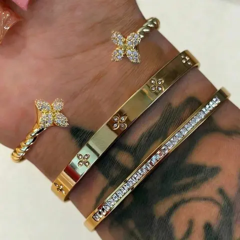 3 Pcs 18K Gold-Plated Stainless Steel Crystal Bracelets, Women's Fashionable Daily Wear Bracelet Set, Ideal Holiday Gift Choice Bracelet Stack
